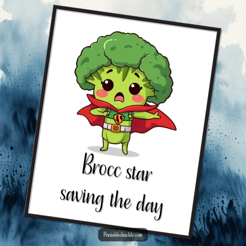 Funny Free Printable Wall Art: A surprised piece of broccoli wearing a flowing superhero cape, ready to save the day.