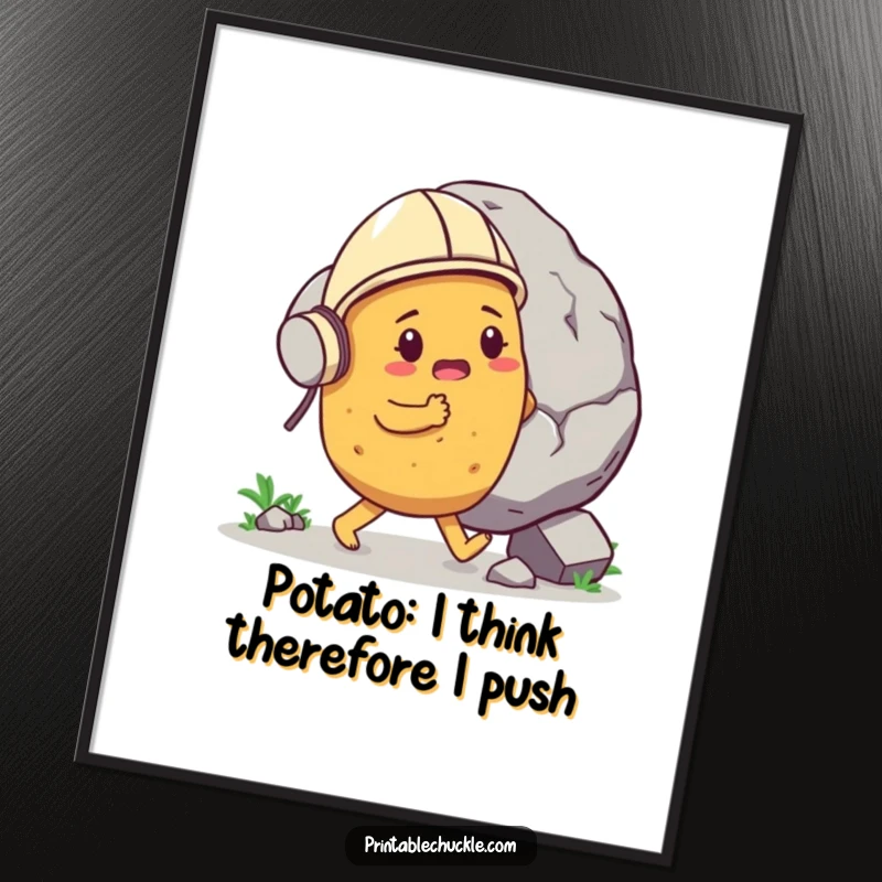 Funny free printable wall art: Determined potato wearing a helmet pushes a gigantic boulder, downloadable decor.