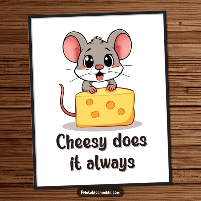 Funny Free Printable Wall Art of a startled cheese wedge making a run for it, pursued by a determined cartoon mouse.