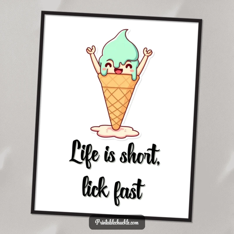 Funny Free Printable Wall Art: Triumphant melting ice cream cone, celebrating its gooey state.
