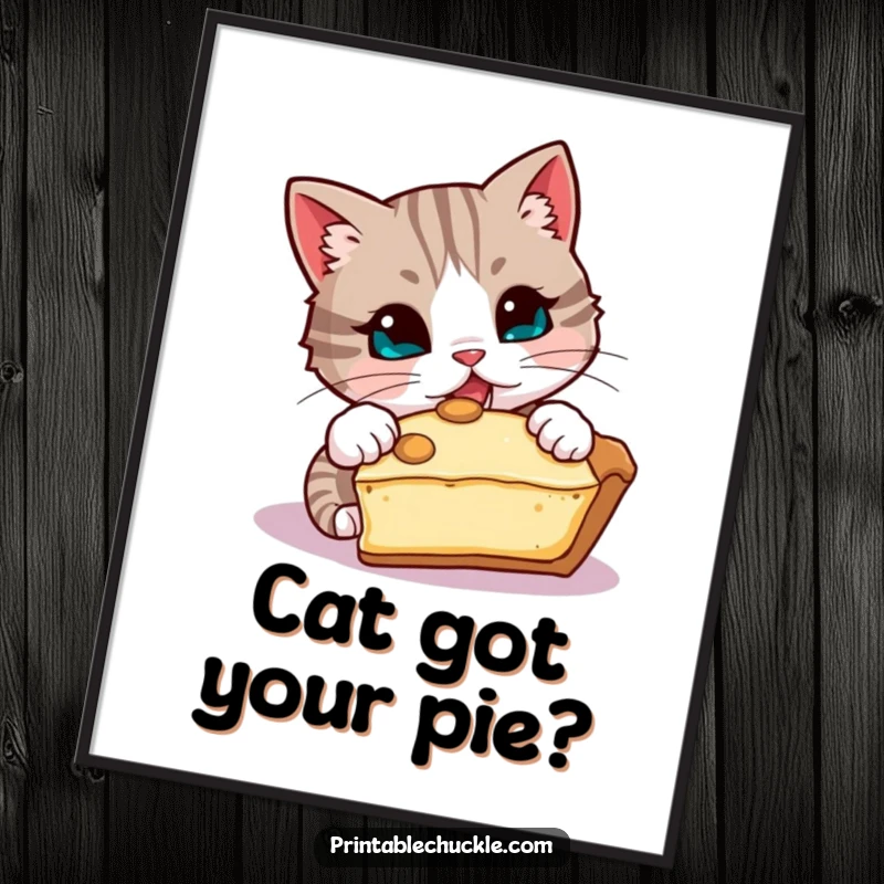Funny Free Printable Wall Art: Mischievous cat attempting to steal a slice of pie, a hilarious downloadable piece of decor.