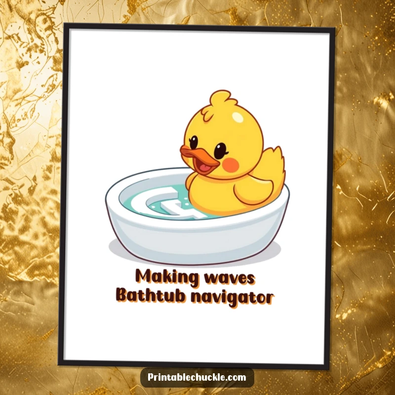Funny Free Printable Wall Art: Determined rubber duck navigating a bathtub maze, humorous downloadable art.