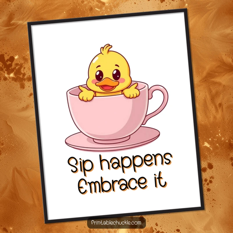 Funny free printable wall art of a bewildered rubber duck character comically stuck inside a giant teacup, a whimsical addition.
