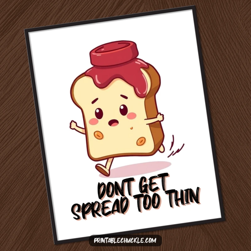 Funny free printable wall art of a bread slice character comically fleeing a giggling jar of jam, a playful pantry scene.