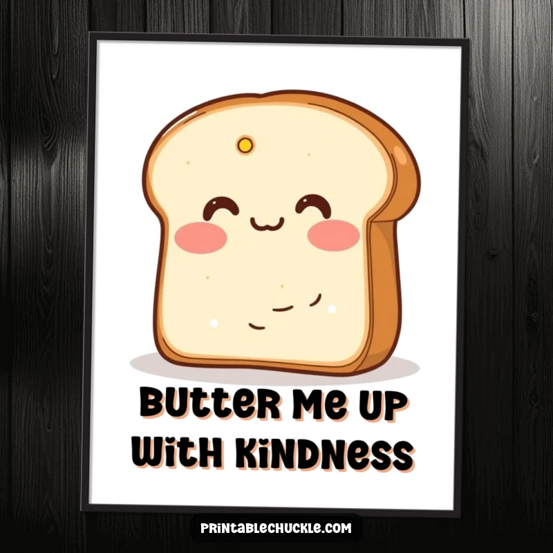 Funny Free Printable Wall Art: Blushing bread slice humorously hiding behind a slice of butter, adorable and funny.