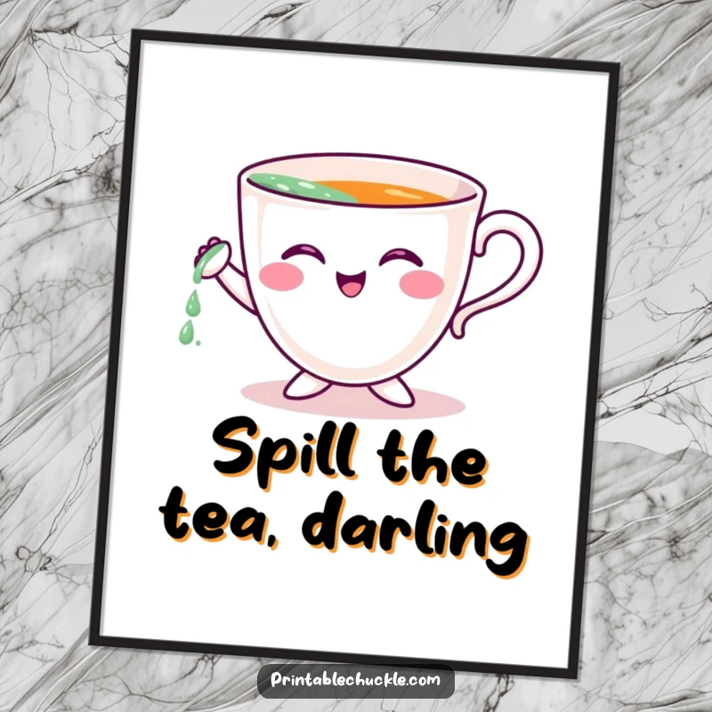 Funny Free Printable Wall Art: A cheerful teacup character comically attempts to pour itself, a morning delight.