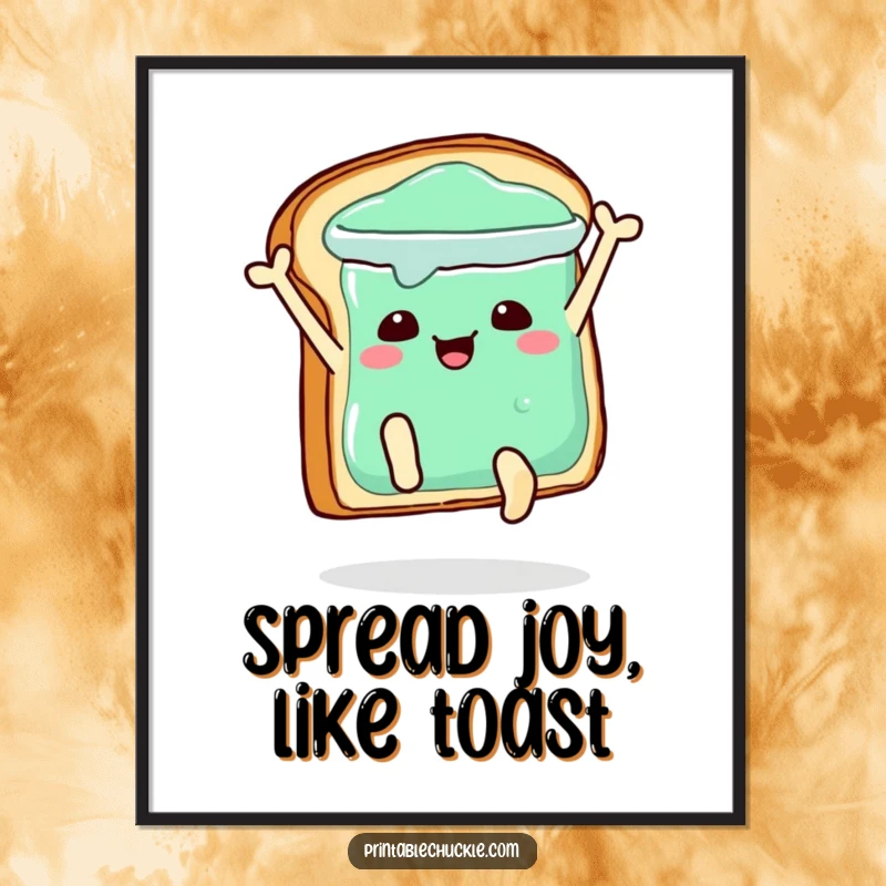 Funny free printable wall art, a toast character with arms and legs dramatically diving into a jelly jar.