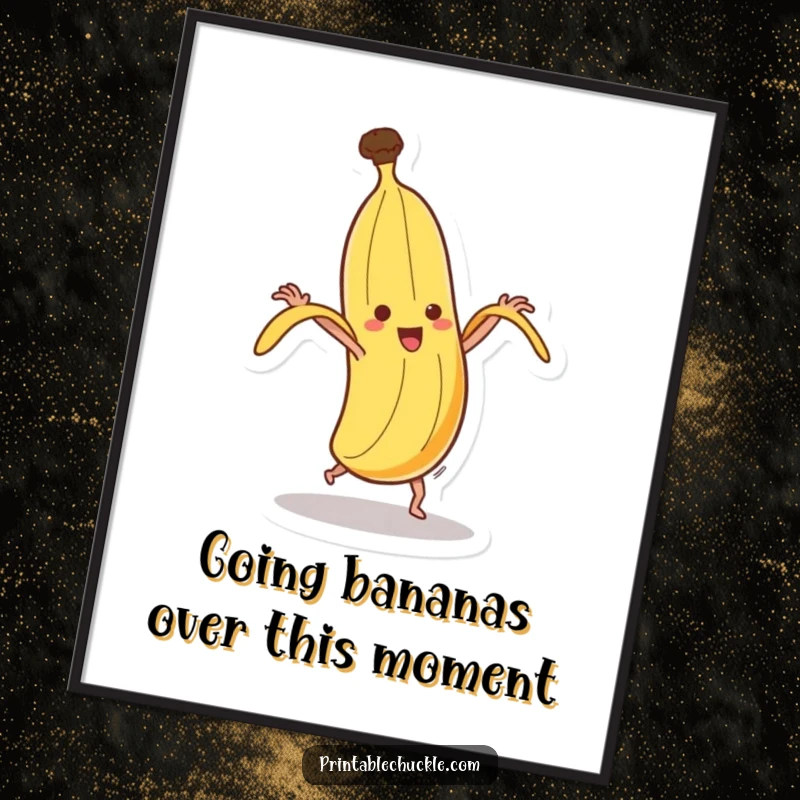 Funny Free Printable Wall Art: A dancing banana in mid-spin, hilariously trying to peel itself.