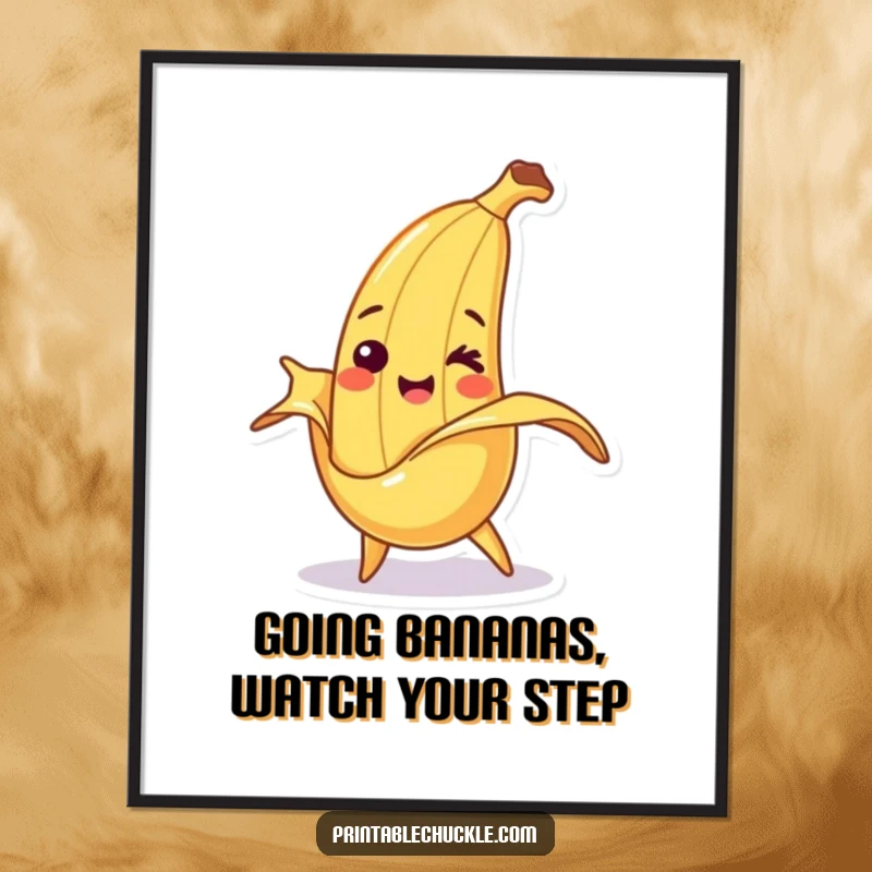 Funny Free Printable Wall Art: A smiling banana character comically slips on its own peel, exuding playful, humorous energy.