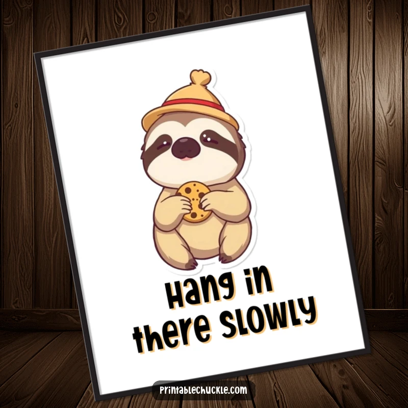 Funny Free Printable Wall Art: Lazy sloth in tiny hat, slowly reaching for a cookie, humorous downloadable art.