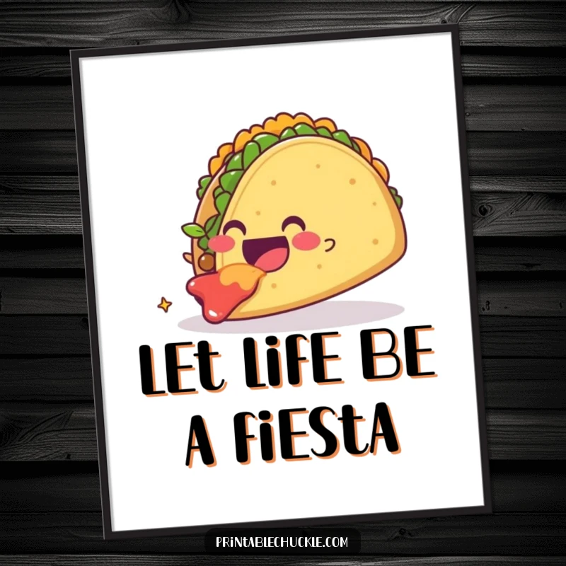 Funny Free Printable Wall Art: A smiling taco devours a giant, floating taco with obvious glee.