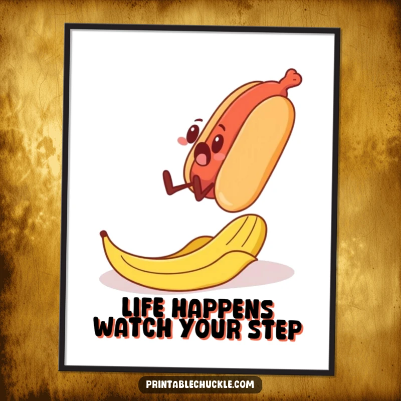 Funny Free Printable Wall Art: A shocked banana peel underneath a walking hot dog, capturing a moment of comical peril.