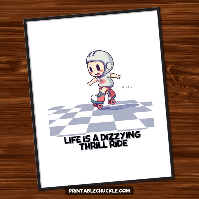 Funny Free Printable Wall Art: A roller skate character in a dizzy spin on a checkered floor, adding playful movement and humor.