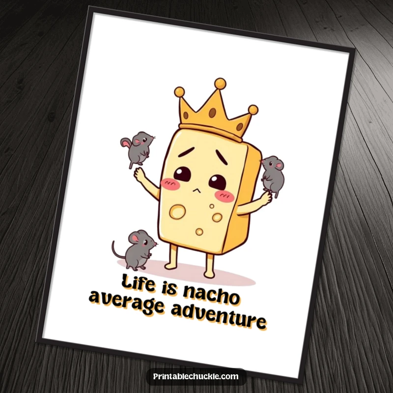 Funny Free Printable Wall Art: Confused cheese slice king wearing crown juggles mice, a bizarre and humorous piece of downloadable art.