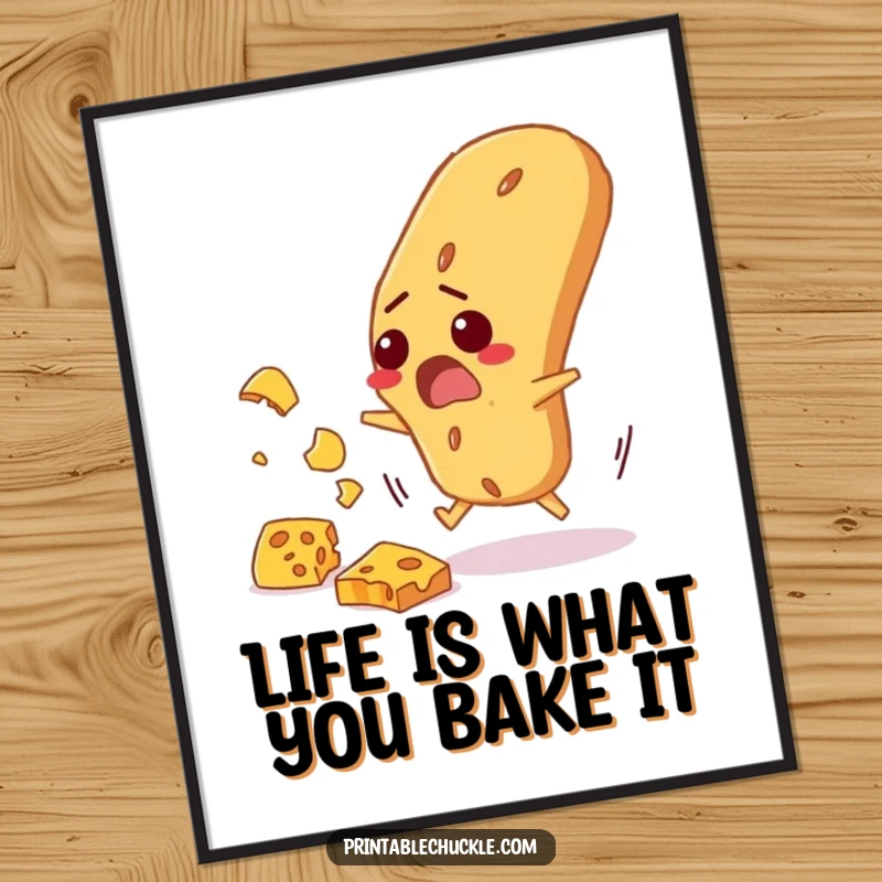 Funny Free Printable Wall Art: Startled baguette frantically dodging falling cheese, a humorous scene of culinary drama.