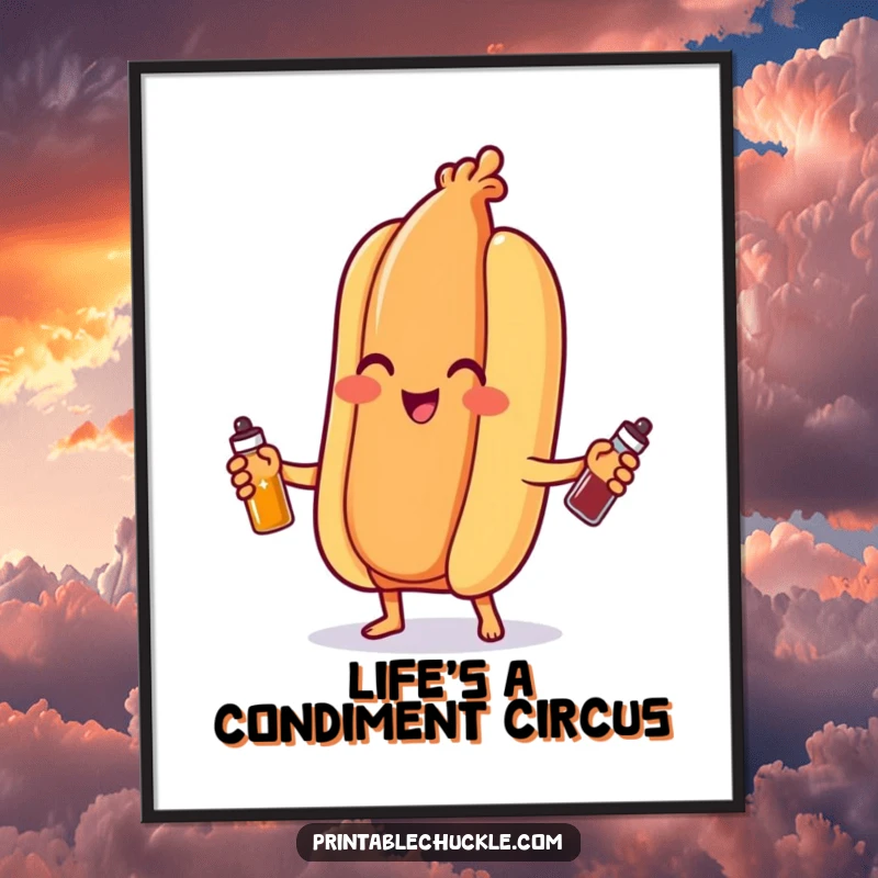 Funny Free Printable Wall Art: A smiling hot dog masterfully juggles a trio of tiny condiment bottles, bringing playful energy to any room.