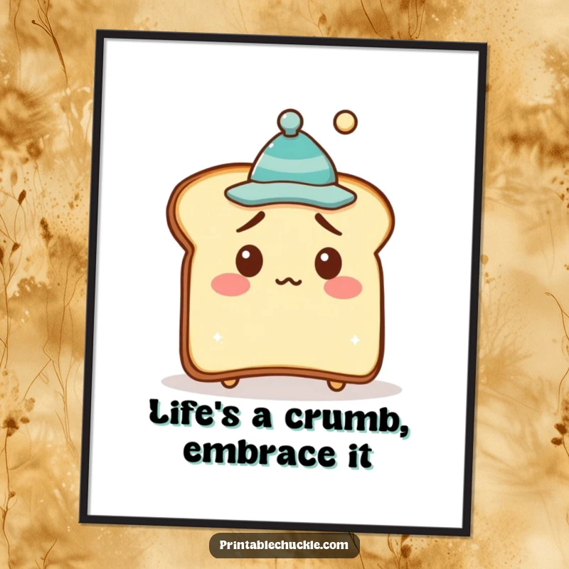 Funny Free Printable Wall Art of a bewildered piece of toast wearing a tiny hat crookedly, adding quirky charm.
