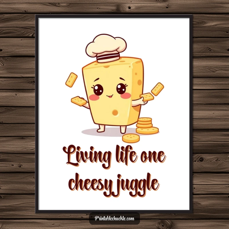 Funny Free Printable Wall Art: A piece of cheese wearing a chef hat, skillfully juggling crackers with a comical and artistic flair.