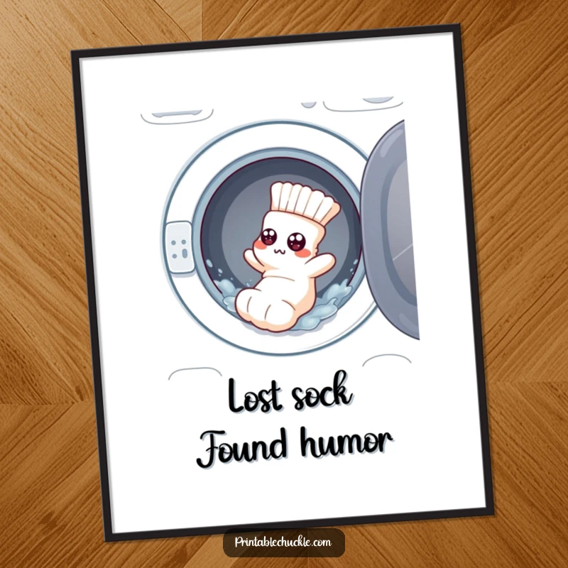 Funny Free Printable Wall Art: Flustered sock with googly eyes tumbling out of a washing machine, humorous downloadable art.