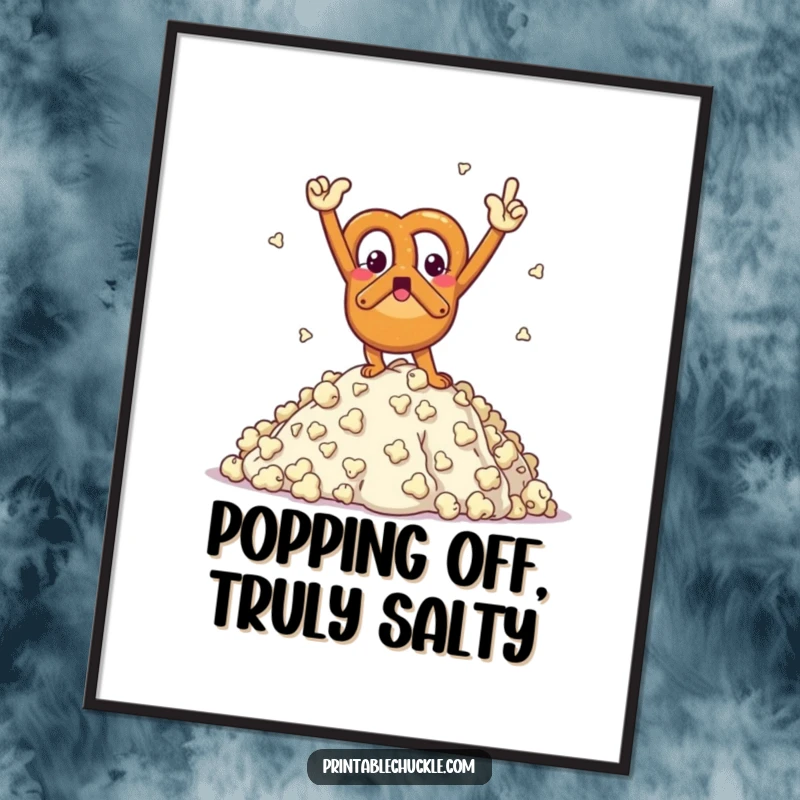 Funny Free Printable Pretzel Wall Art: A pretzel strikes a triumphant victory pose atop a massive, fluffy mountain of popcorn.