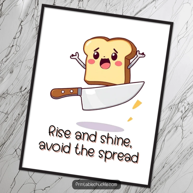 Funny Free Printable Wall Art: A determined slice of toast mid-air, jumping over a giant butter knife.