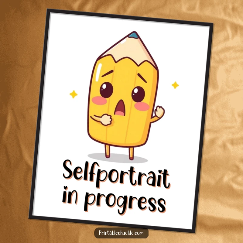 Funny Free Printable Wall Art: A surprised pencil is hilariously attempting to draw itself with its own sharp point.