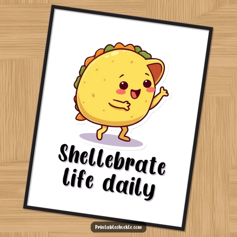 Funny free printable wall art of a dancing taco character comically tripping over its own shell, adding a whimsical touch.