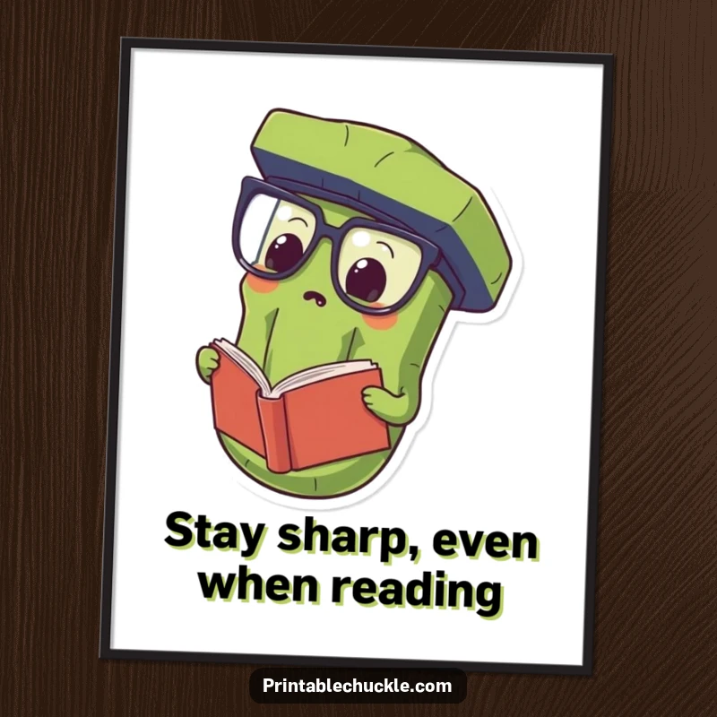 Funny Free Printable Wall Art of a proud pickle wearing oversized spectacles, diligently reading a book upside down.