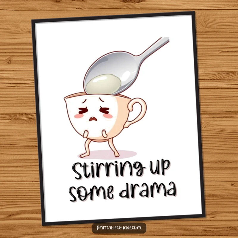 Funny Free Printable Teacup Wall Art: A teacup with legs recoils in comical shock from an oversized, looming spoon.
