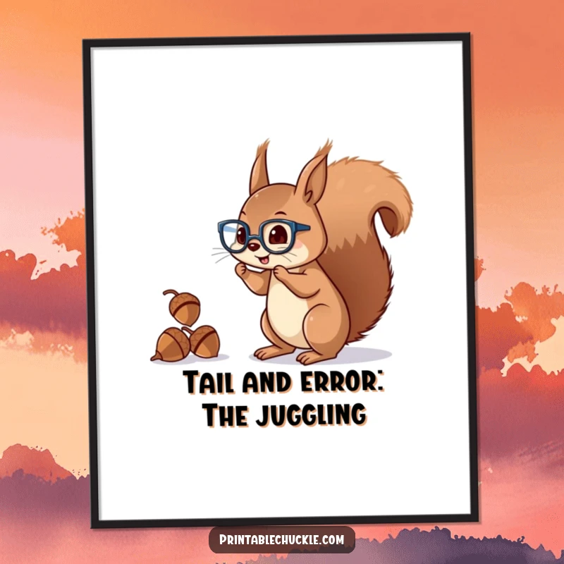 Funny Free Printable Squirrel Wall Art: A mischievous squirrel in glasses skillfully juggles acorns with its bushy tail.