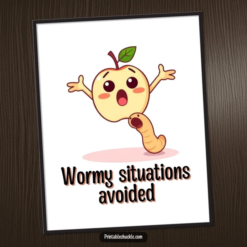 Funny free printable wall art of a surprised apple with arms flailing, narrowly dodging a falling worm.