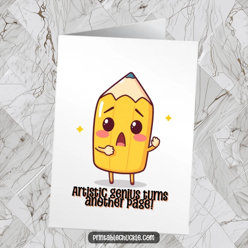 Funny Free Printable Birthday Card: Surprised pencil trying to draw itself with its point, a birthday surprise.