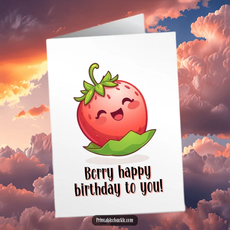 Funny Free Printable Birthday Card: A gleeful strawberry comically attempts to float atop its own leaf, looking absolutely delighted.