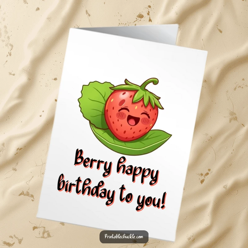 Funny Free Printable Birthday Card: A delighted strawberry joyfully floats on its leaf, celebrating a special day.