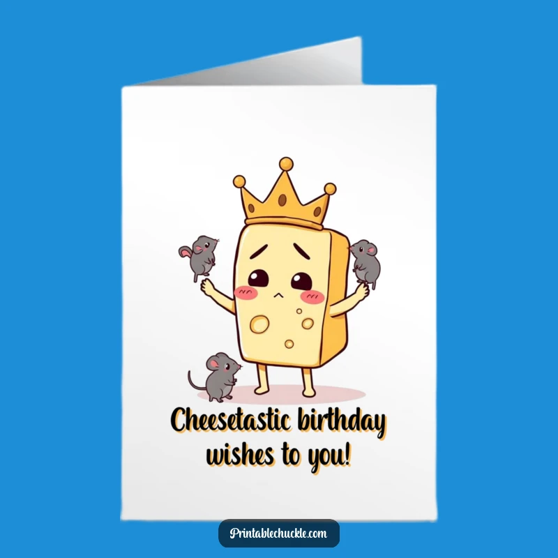 Free Printable Funny Birthday Card: Confused Cheese King Juggling Mice Downloadable Gift