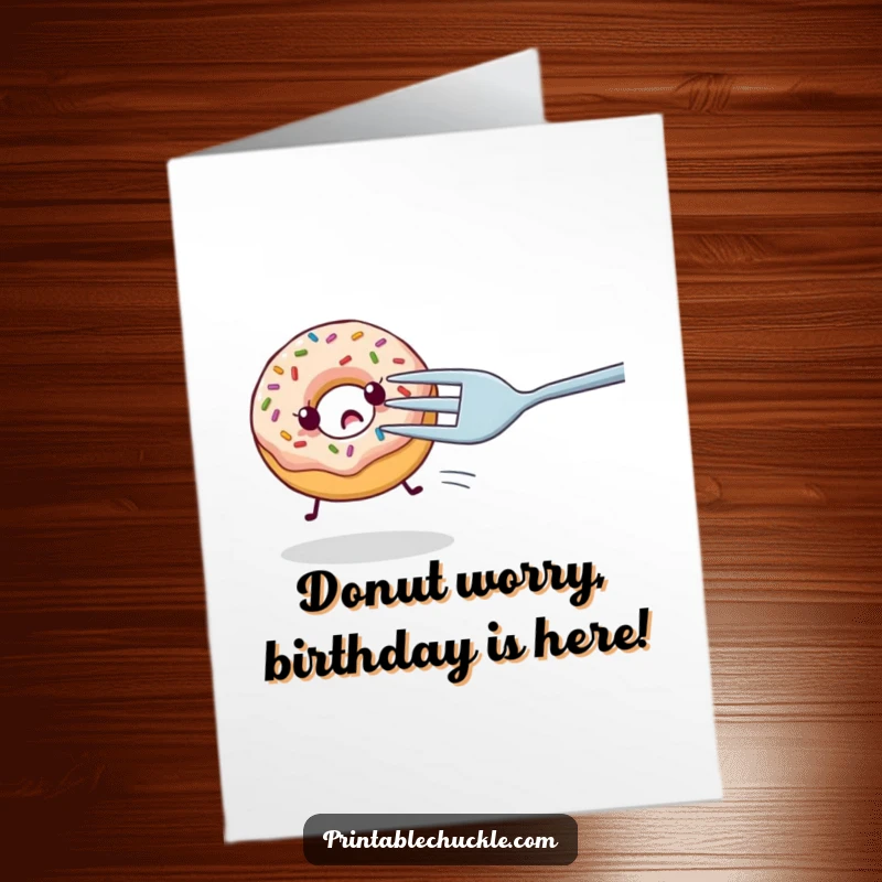 Funny Free Printable Birthday Card: Nervous donut with sprinkles running from a huge fork, eyes wide with panic.