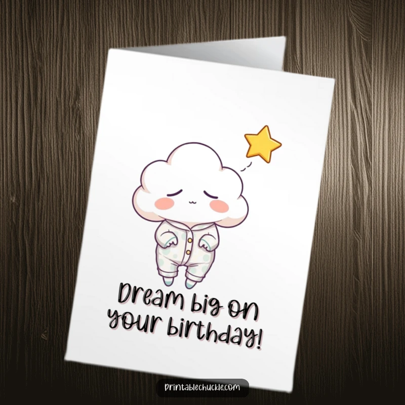 Funny Free Printable Birthday Card: A sleepy cloud in pajamas attempts to catch a sparkling falling star.