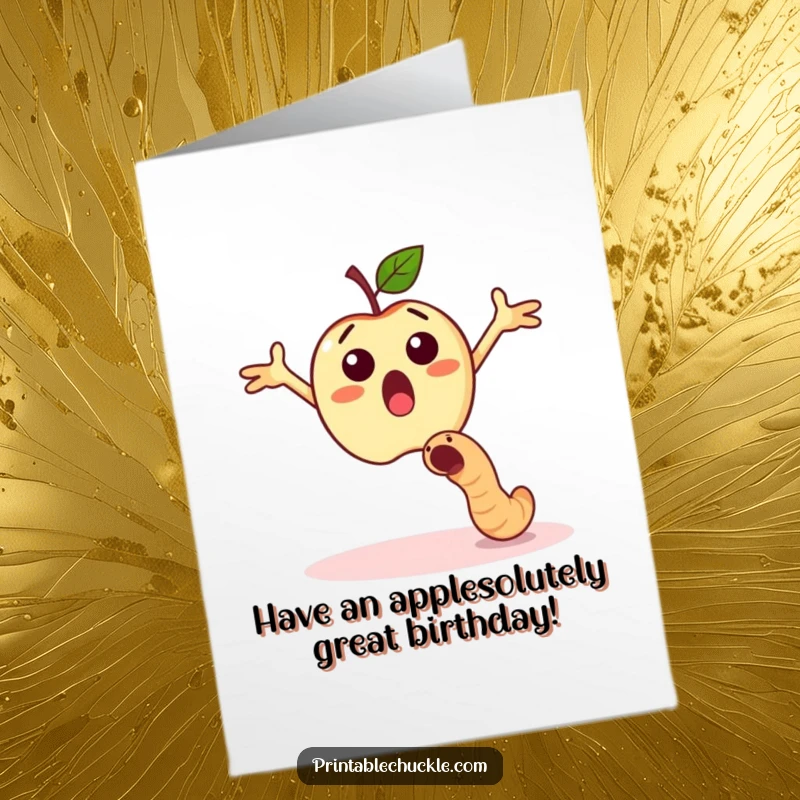 Funny free printable birthday card of a surprised apple dodging a falling worm with outstretched arms.