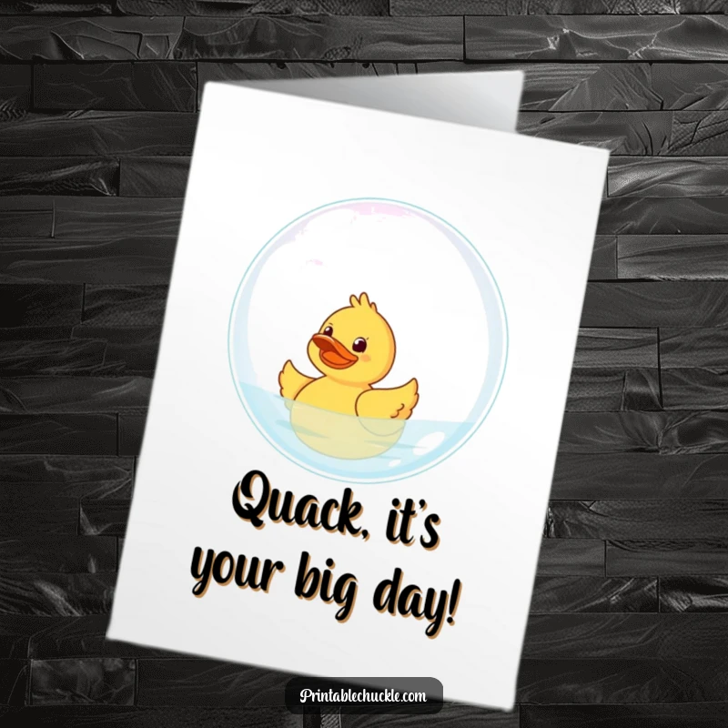 Funny Free Printable Birthday Card: Giggling rubber duck floating on a giant bubble, a birthday surprise.