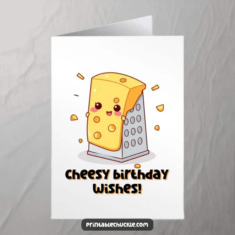 Funny Free Printable Birthday Card: Slice of cheese caught in a cheese grater mishap, a hilarious downloadable cheesy gift.