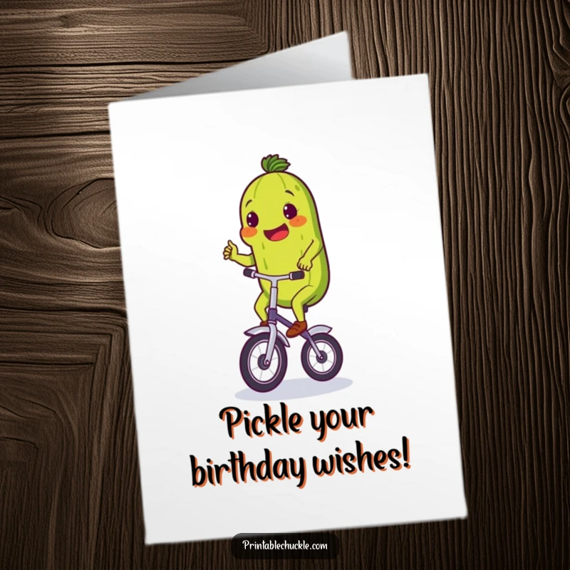 Funny free printable birthday card featuring a proud pickle struggling humorously on a tiny unicycle, celebrating effort.