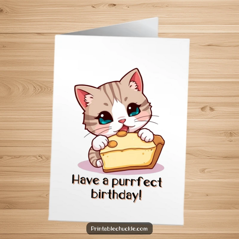 Funny Free Printable Birthday Card: Mischievous cat attempting to steal a slice of pie, a hilarious downloadable dessert gift.