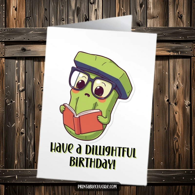Funny Free Printable Birthday Card featuring a proud pickle in oversized spectacles reading a book upside down.