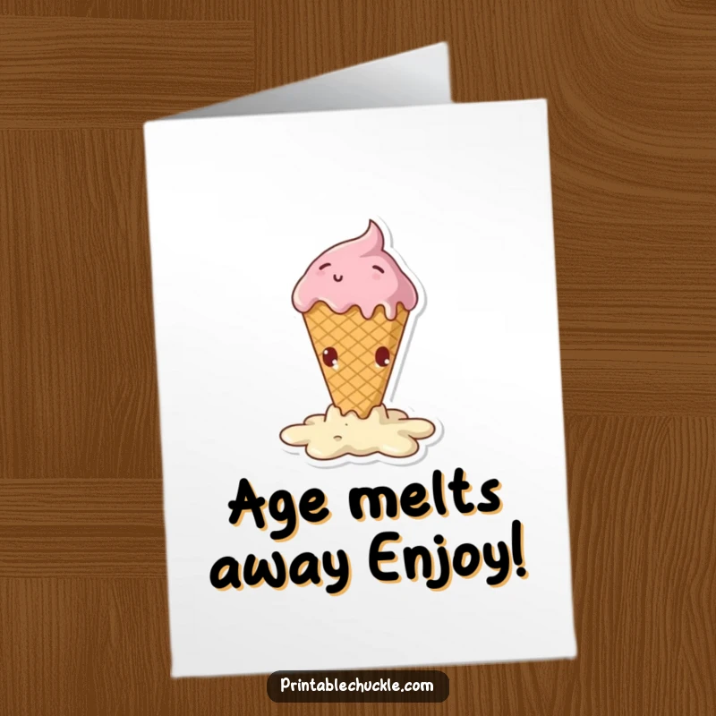 Funny Free Printable Birthday Card depicting a melting ice cream cone in a dramatic, humorous falling pose.
