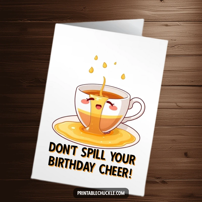 Funny Free Printable Birthday Card showing a bewildered teacup struggling to contain a dramatic waterfall of spilled tea.