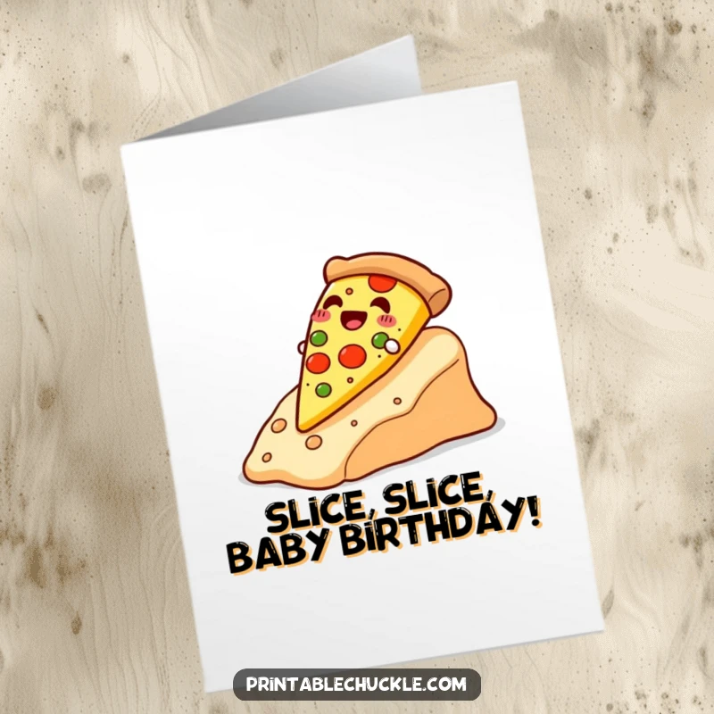Funny Free Printable Birthday Card: A joyful pizza slice glides down a slope of melted cheese, wishing happy birthday.