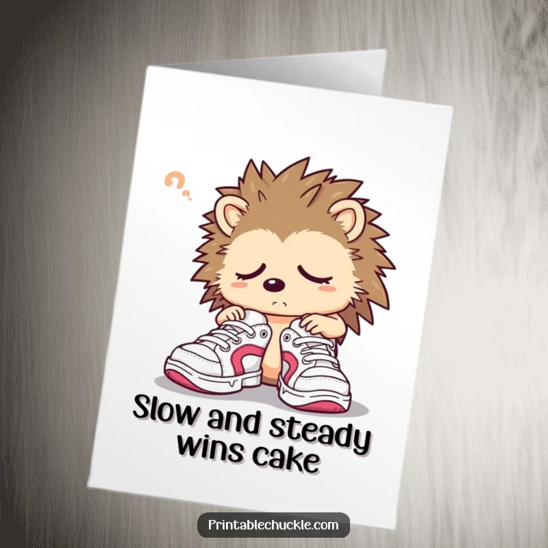 Funny Free Printable Hedgehog Birthday Card: A sleepy hedgehog looks confused trying to put on oversized sneakers.