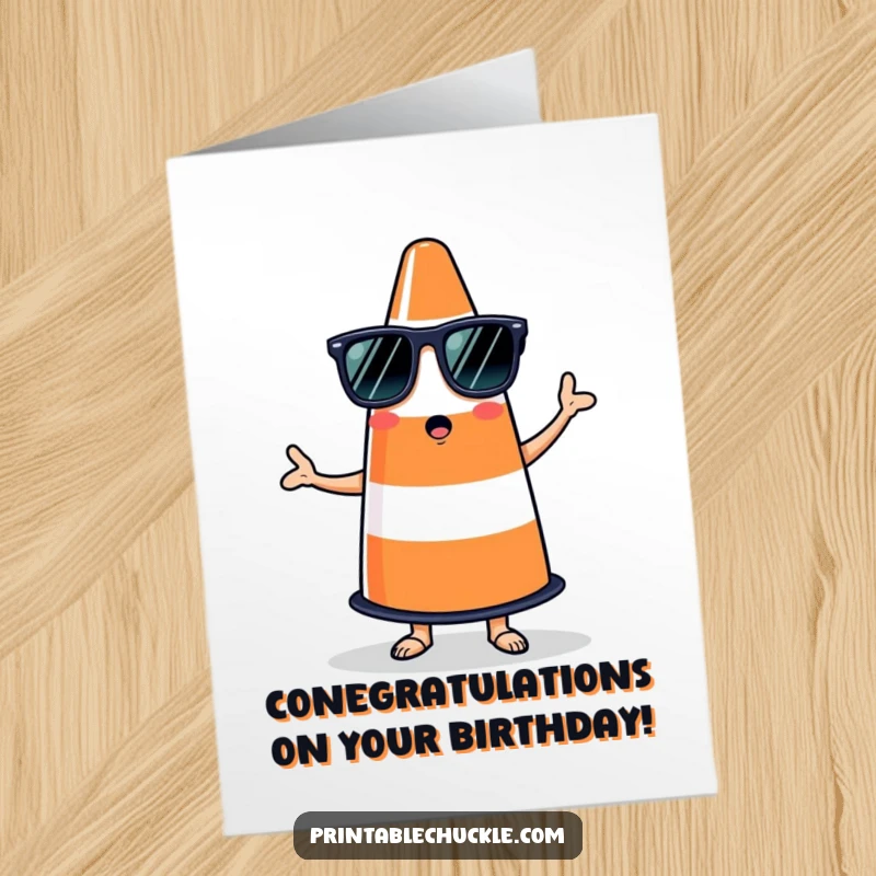 Funny Free Printable Birthday Card: a bewildered traffic cone in sunglasses attempting to salsa, perfect for party lovers.