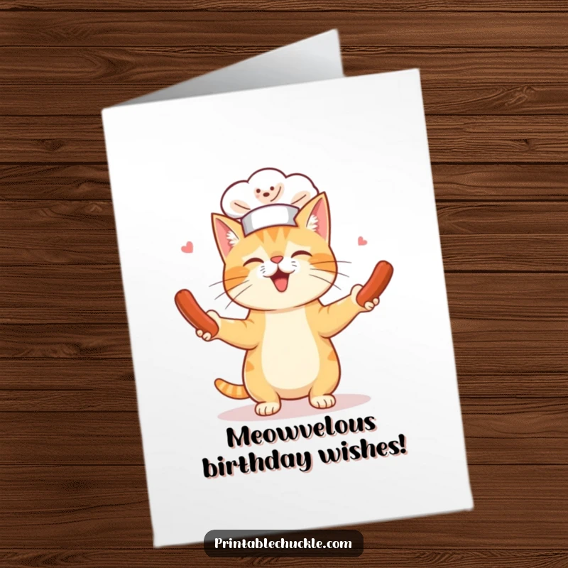 Funny free printable birthday card showing a cat in a chef hat expertly juggling spinning hot dogs, a culinary delight.