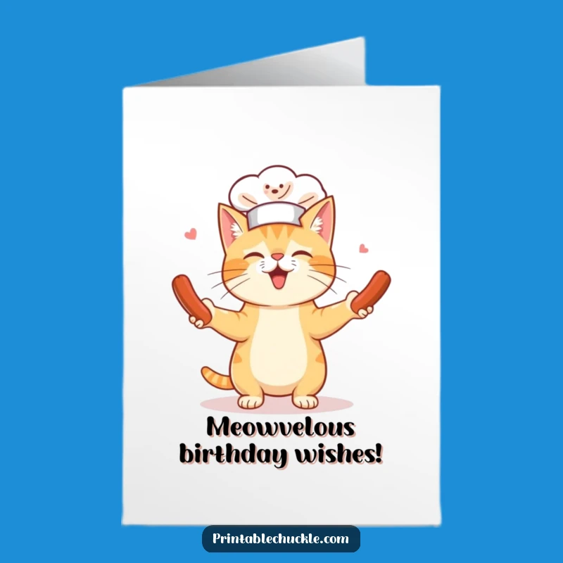 Funny Free Printable Birthday Card: Chef Cat Juggling Hot Dogs - Fun Gift